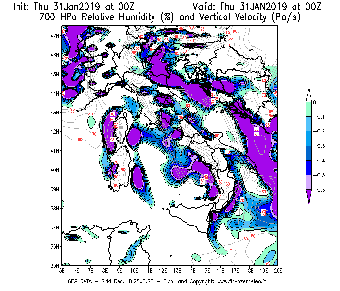 Mappa di analisi GFS - Umidità relativa [%] e Omega [Pa/s] a 700 hPa in Italia
							del 31/01/2019 00 <!--googleoff: index-->UTC<!--googleon: index-->