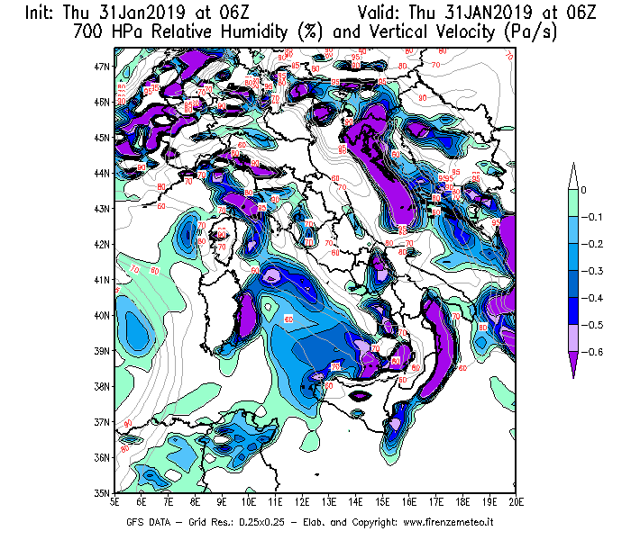 Mappa di analisi GFS - Umidità relativa [%] e Omega [Pa/s] a 700 hPa in Italia
							del 31/01/2019 06 <!--googleoff: index-->UTC<!--googleon: index-->