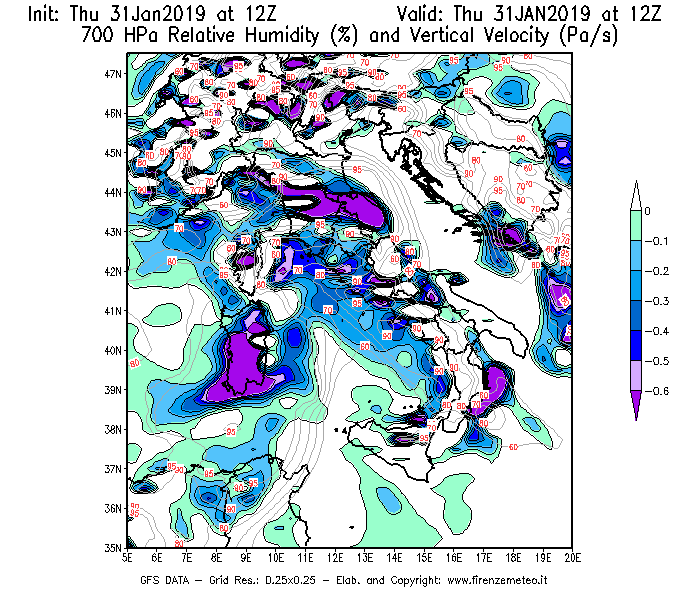 Mappa di analisi GFS - Umidità relativa [%] e Omega [Pa/s] a 700 hPa in Italia
							del 31/01/2019 12 <!--googleoff: index-->UTC<!--googleon: index-->