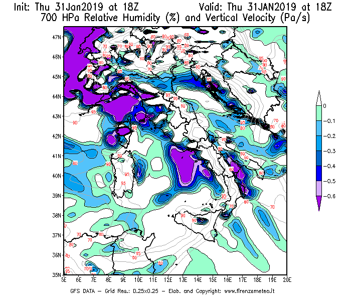 Mappa di analisi GFS - Umidità relativa [%] e Omega [Pa/s] a 700 hPa in Italia
							del 31/01/2019 18 <!--googleoff: index-->UTC<!--googleon: index-->