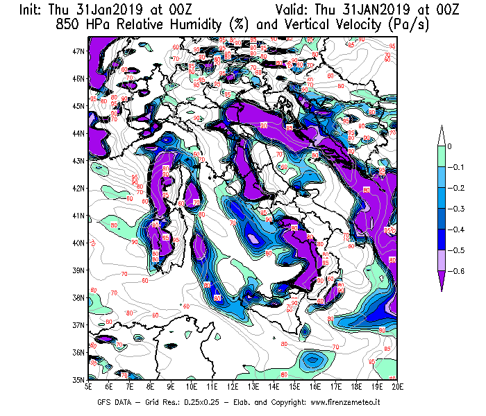 Mappa di analisi GFS - Umidità relativa [%] e Omega [Pa/s] a 850 hPa in Italia
							del 31/01/2019 00 <!--googleoff: index-->UTC<!--googleon: index-->