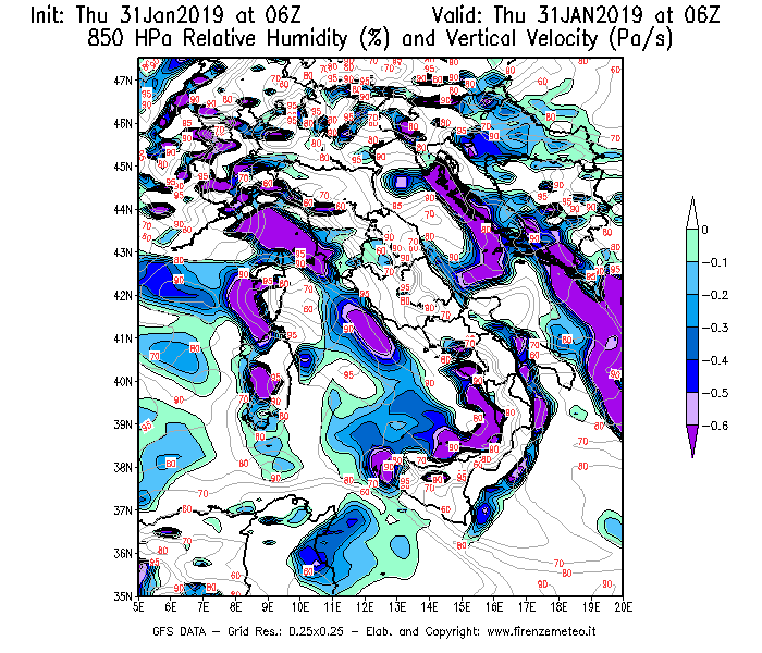 Mappa di analisi GFS - Umidità relativa [%] e Omega [Pa/s] a 850 hPa in Italia
							del 31/01/2019 06 <!--googleoff: index-->UTC<!--googleon: index-->