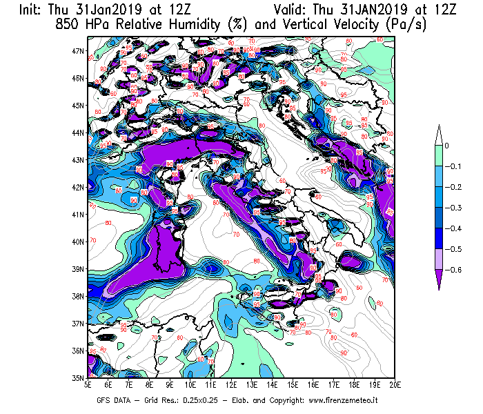 Mappa di analisi GFS - Umidità relativa [%] e Omega [Pa/s] a 850 hPa in Italia
							del 31/01/2019 12 <!--googleoff: index-->UTC<!--googleon: index-->