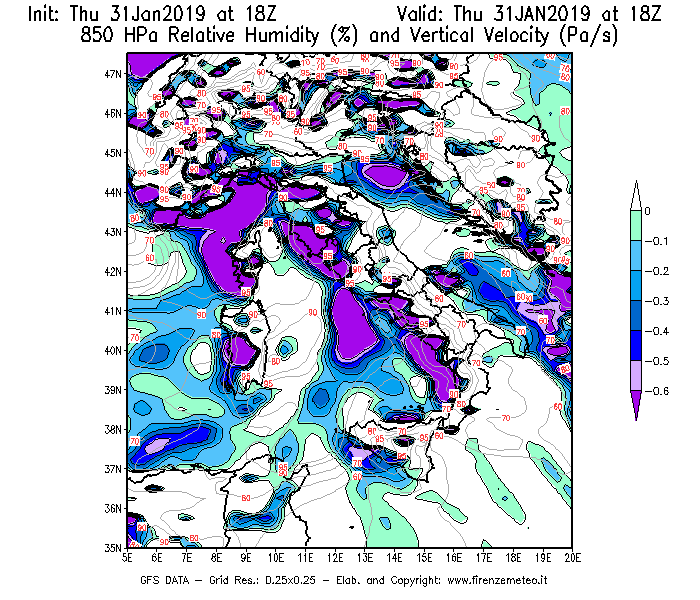 Mappa di analisi GFS - Umidità relativa [%] e Omega [Pa/s] a 850 hPa in Italia
							del 31/01/2019 18 <!--googleoff: index-->UTC<!--googleon: index-->