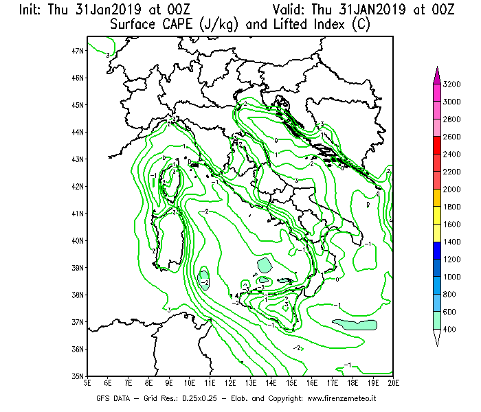 Mappa di analisi GFS - CAPE [J/kg] e Lifted Index [°C] in Italia
							del 31/01/2019 00 <!--googleoff: index-->UTC<!--googleon: index-->