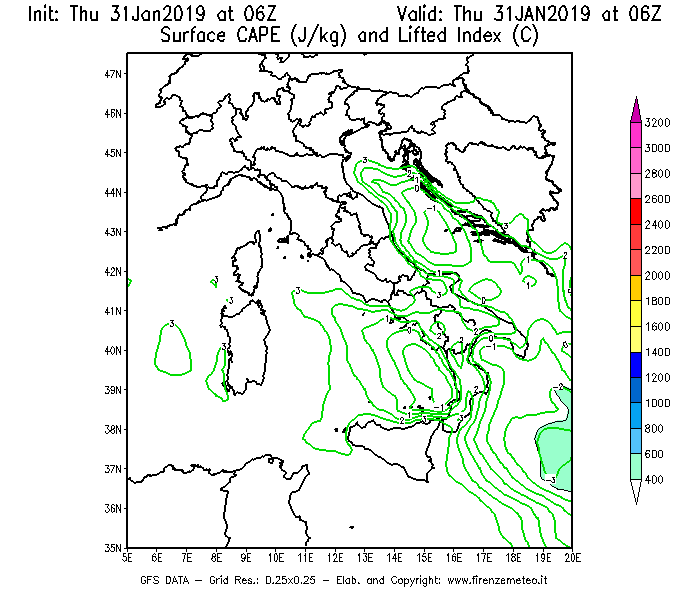 Mappa di analisi GFS - CAPE [J/kg] e Lifted Index [°C] in Italia
							del 31/01/2019 06 <!--googleoff: index-->UTC<!--googleon: index-->