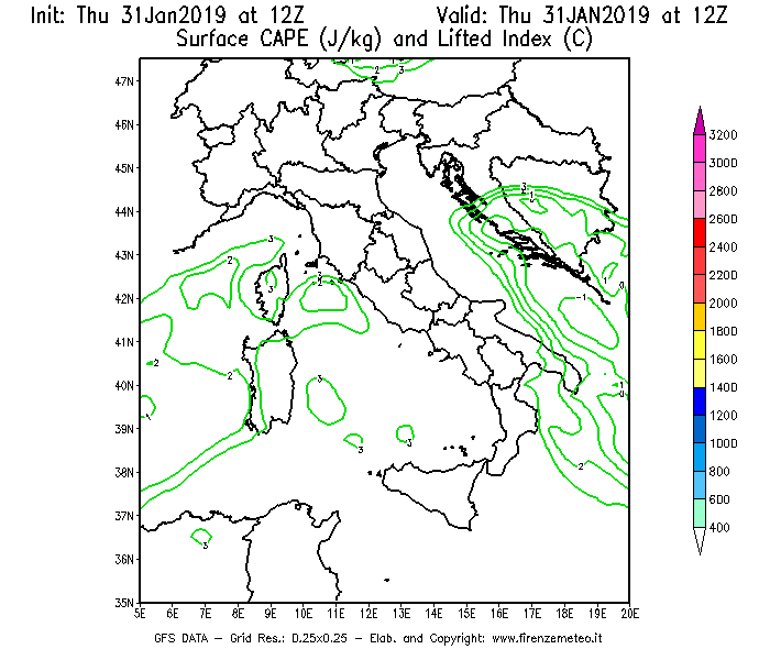 Mappa di analisi GFS - CAPE [J/kg] e Lifted Index [°C] in Italia
							del 31/01/2019 12 <!--googleoff: index-->UTC<!--googleon: index-->