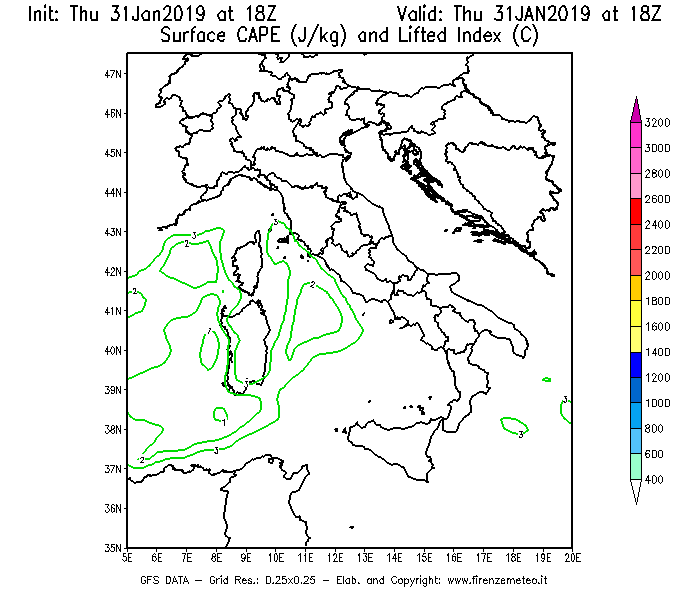 Mappa di analisi GFS - CAPE [J/kg] e Lifted Index [°C] in Italia
							del 31/01/2019 18 <!--googleoff: index-->UTC<!--googleon: index-->
