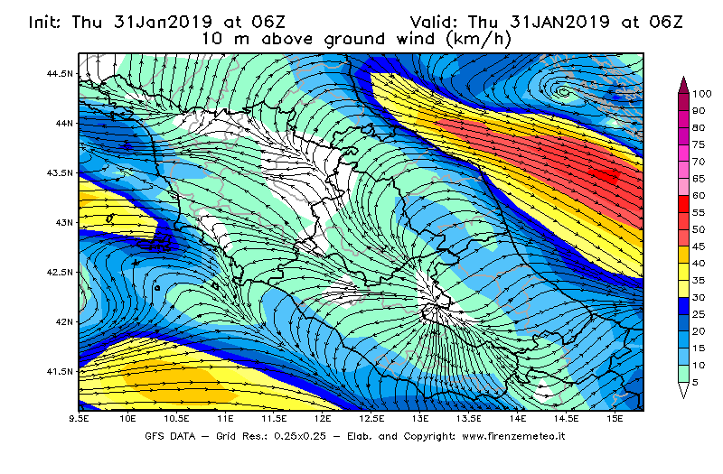 Mappa di analisi GFS - Velocità del vento a 10 metri dal suolo [km/h] in Centro-Italia
							del 31/01/2019 06 <!--googleoff: index-->UTC<!--googleon: index-->