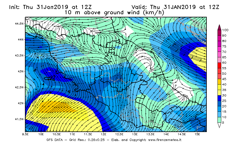 Mappa di analisi GFS - Velocità del vento a 10 metri dal suolo [km/h] in Centro-Italia
							del 31/01/2019 12 <!--googleoff: index-->UTC<!--googleon: index-->