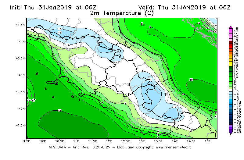 Mappa di analisi GFS - Temperatura a 2 metri dal suolo [°C] in Centro-Italia
							del 31/01/2019 06 <!--googleoff: index-->UTC<!--googleon: index-->