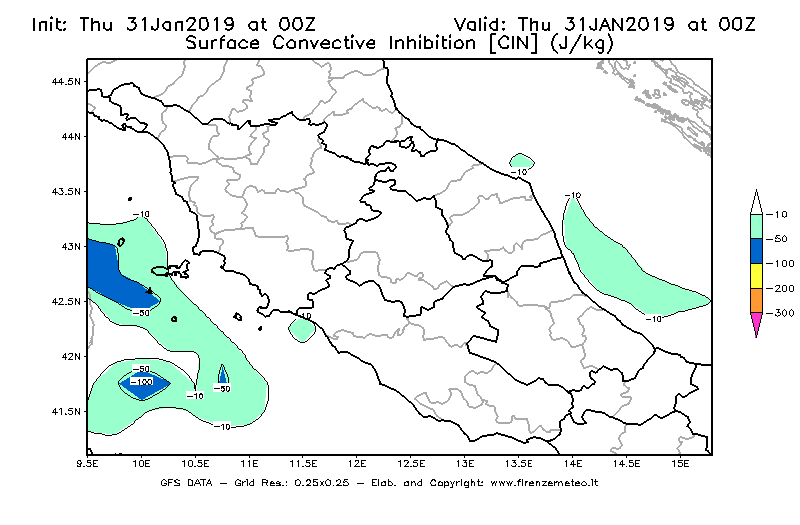 Mappa di analisi GFS - CIN [J/kg] in Centro-Italia
							del 31/01/2019 00 <!--googleoff: index-->UTC<!--googleon: index-->