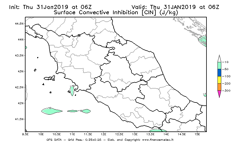 Mappa di analisi GFS - CIN [J/kg] in Centro-Italia
							del 31/01/2019 06 <!--googleoff: index-->UTC<!--googleon: index-->