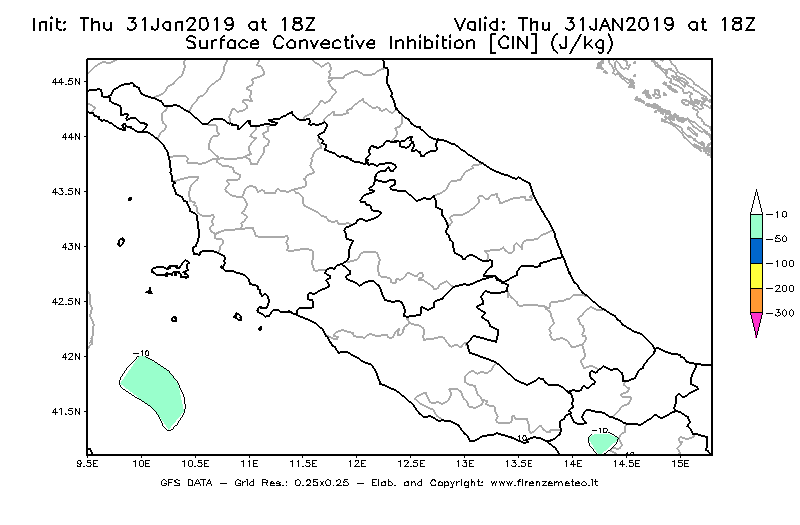 Mappa di analisi GFS - CIN [J/kg] in Centro-Italia
							del 31/01/2019 18 <!--googleoff: index-->UTC<!--googleon: index-->