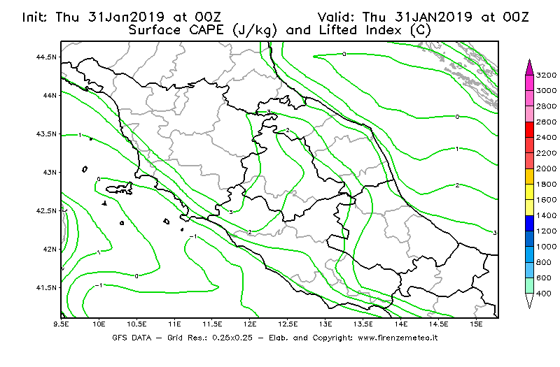 Mappa di analisi GFS - CAPE [J/kg] e Lifted Index [°C] in Centro-Italia
							del 31/01/2019 00 <!--googleoff: index-->UTC<!--googleon: index-->