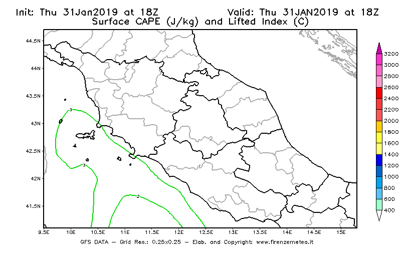 Mappa di analisi GFS - CAPE [J/kg] e Lifted Index [°C] in Centro-Italia
							del 31/01/2019 18 <!--googleoff: index-->UTC<!--googleon: index-->