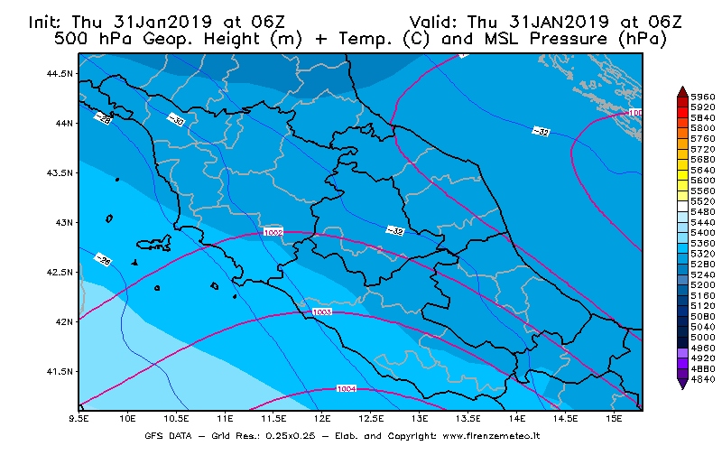 Mappa di analisi GFS - Geopotenziale [m] + Temp. [°C] a 500 hPa + Press. a livello del mare [hPa] in Centro-Italia
							del 31/01/2019 06 <!--googleoff: index-->UTC<!--googleon: index-->