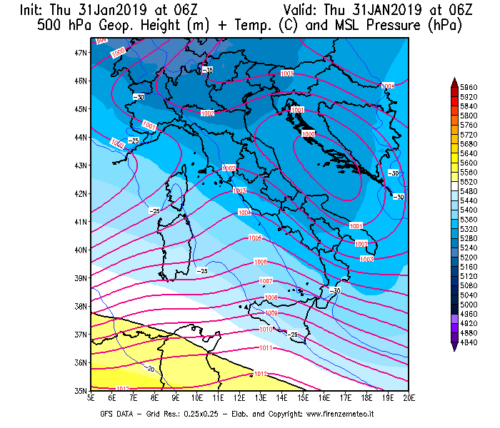 Mappa di analisi GFS - Geopotenziale [m] + Temp. [°C] a 500 hPa + Press. a livello del mare [hPa] in Italia
							del 31/01/2019 06 <!--googleoff: index-->UTC<!--googleon: index-->