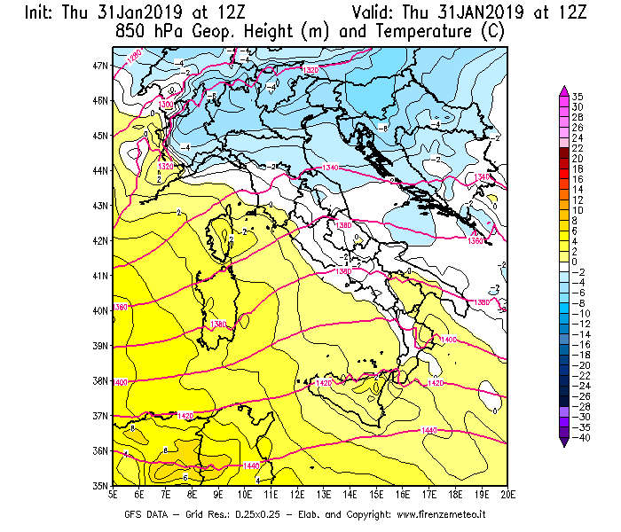 Mappa di analisi GFS - Geopotenziale [m] e Temperatura [°C] a 850 hPa in Italia
							del 31/01/2019 12 <!--googleoff: index-->UTC<!--googleon: index-->