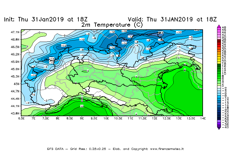 Mappa di analisi GFS - Temperatura a 2 metri dal suolo [°C] in Nord-Italia
							del 31/01/2019 18 <!--googleoff: index-->UTC<!--googleon: index-->