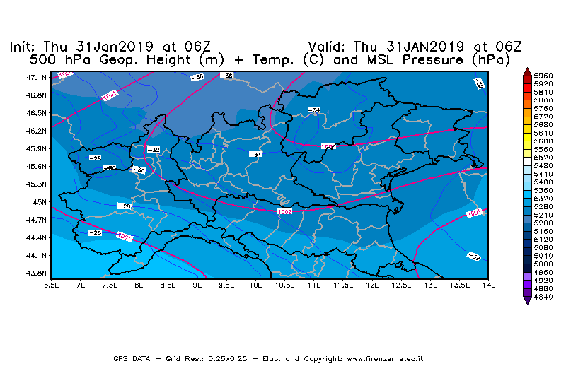 Mappa di analisi GFS - Geopotenziale [m] + Temp. [°C] a 500 hPa + Press. a livello del mare [hPa] in Nord-Italia
							del 31/01/2019 06 <!--googleoff: index-->UTC<!--googleon: index-->