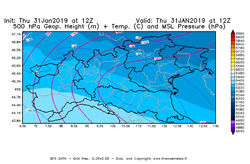 Mappa di analisi GFS - Geopotenziale [m] + Temp. [°C] a 500 hPa + Press. a livello del mare [hPa] in Nord-Italia
							del 31/01/2019 12 <!--googleoff: index-->UTC<!--googleon: index-->