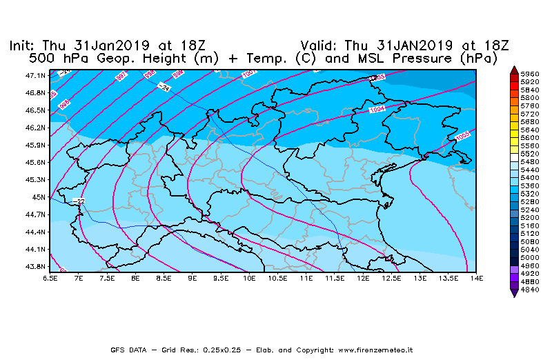 Mappa di analisi GFS - Geopotenziale [m] + Temp. [°C] a 500 hPa + Press. a livello del mare [hPa] in Nord-Italia
							del 31/01/2019 18 <!--googleoff: index-->UTC<!--googleon: index-->