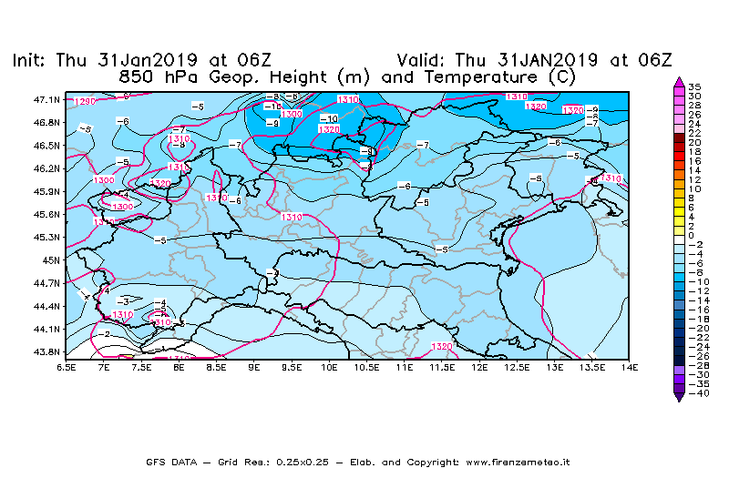 Mappa di analisi GFS - Geopotenziale [m] e Temperatura [°C] a 850 hPa in Nord-Italia
							del 31/01/2019 06 <!--googleoff: index-->UTC<!--googleon: index-->