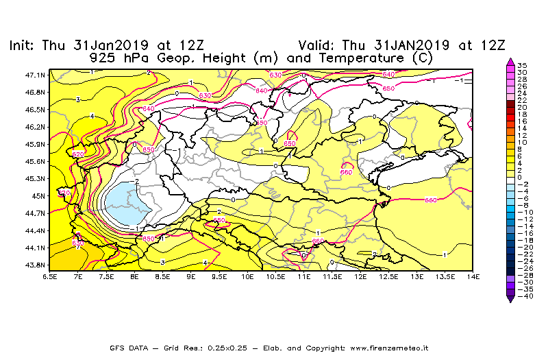 Mappa di analisi GFS - Geopotenziale [m] e Temperatura [°C] a 925 hPa in Nord-Italia
							del 31/01/2019 12 <!--googleoff: index-->UTC<!--googleon: index-->