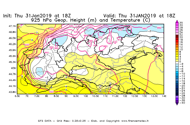 Mappa di analisi GFS - Geopotenziale [m] e Temperatura [°C] a 925 hPa in Nord-Italia
							del 31/01/2019 18 <!--googleoff: index-->UTC<!--googleon: index-->
