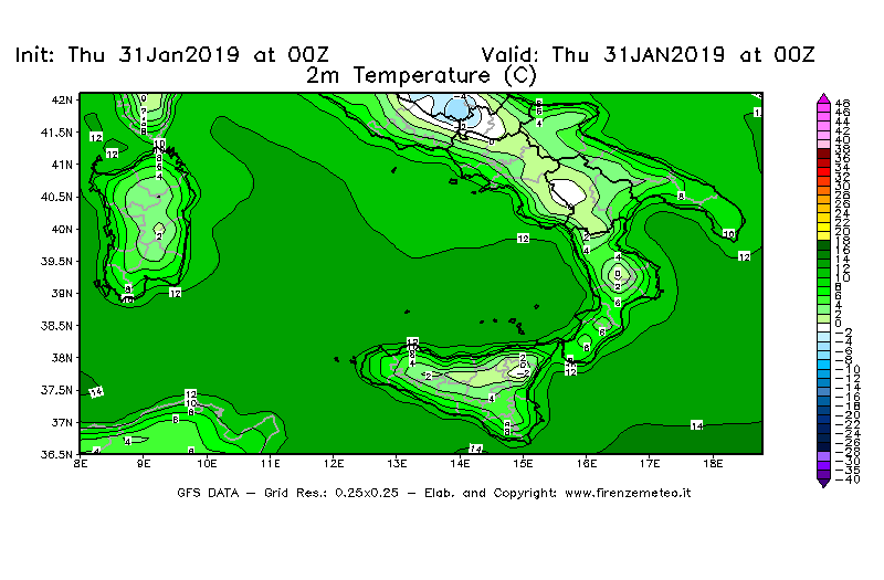 Mappa di analisi GFS - Temperatura a 2 metri dal suolo [°C] in Sud-Italia
							del 31/01/2019 00 <!--googleoff: index-->UTC<!--googleon: index-->
