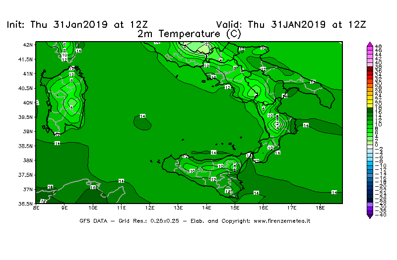 Mappa di analisi GFS - Temperatura a 2 metri dal suolo [°C] in Sud-Italia
							del 31/01/2019 12 <!--googleoff: index-->UTC<!--googleon: index-->