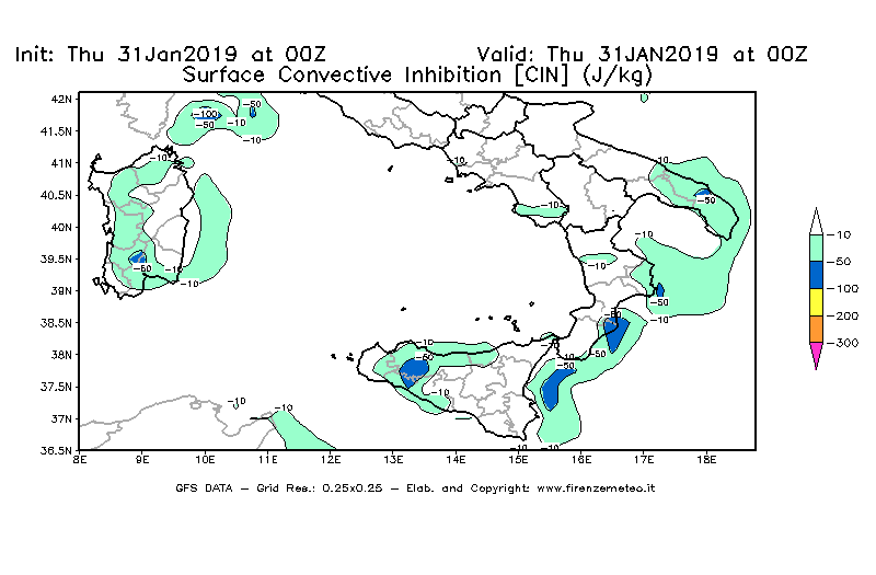Mappa di analisi GFS - CIN [J/kg] in Sud-Italia
							del 31/01/2019 00 <!--googleoff: index-->UTC<!--googleon: index-->
