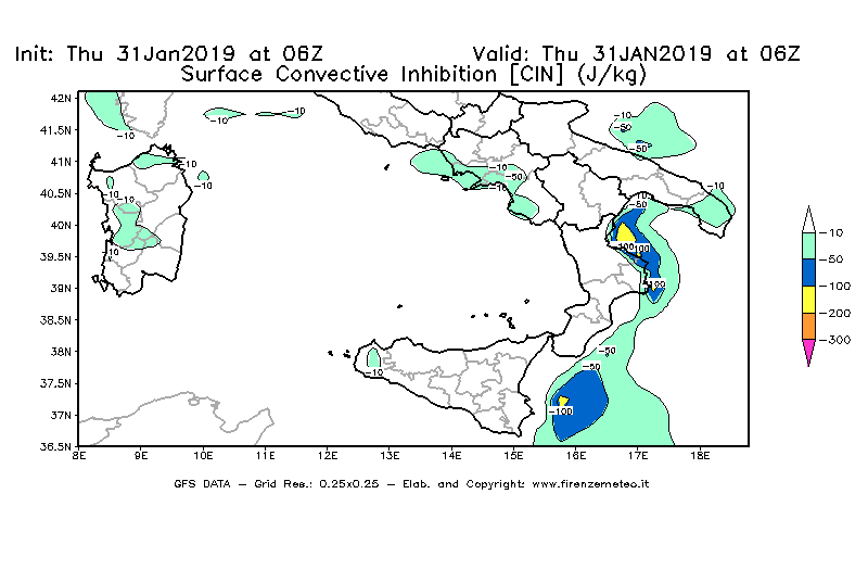 Mappa di analisi GFS - CIN [J/kg] in Sud-Italia
							del 31/01/2019 06 <!--googleoff: index-->UTC<!--googleon: index-->