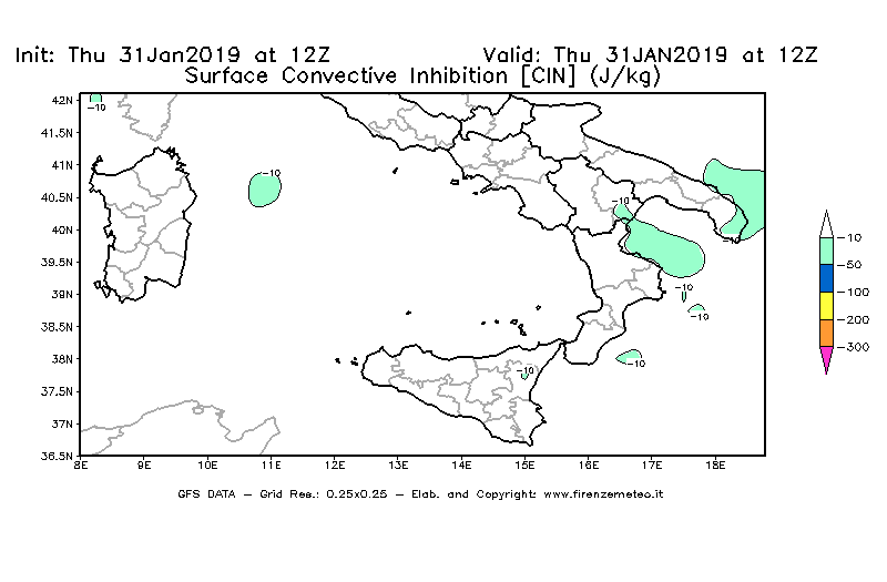 Mappa di analisi GFS - CIN [J/kg] in Sud-Italia
							del 31/01/2019 12 <!--googleoff: index-->UTC<!--googleon: index-->