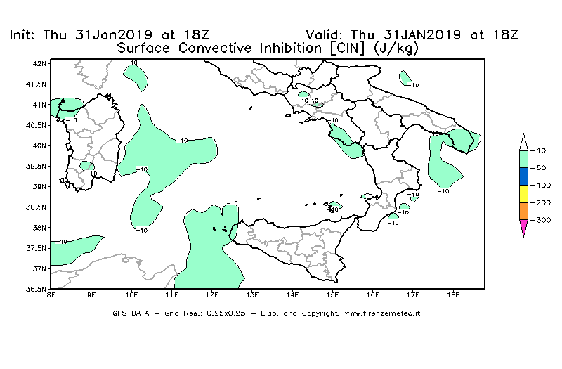 Mappa di analisi GFS - CIN [J/kg] in Sud-Italia
							del 31/01/2019 18 <!--googleoff: index-->UTC<!--googleon: index-->