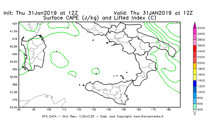 Mappa di analisi GFS - CAPE [J/kg] e Lifted Index [°C] in Sud-Italia
							del 31/01/2019 12 <!--googleoff: index-->UTC<!--googleon: index-->