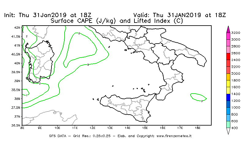 Mappa di analisi GFS - CAPE [J/kg] e Lifted Index [°C] in Sud-Italia
							del 31/01/2019 18 <!--googleoff: index-->UTC<!--googleon: index-->