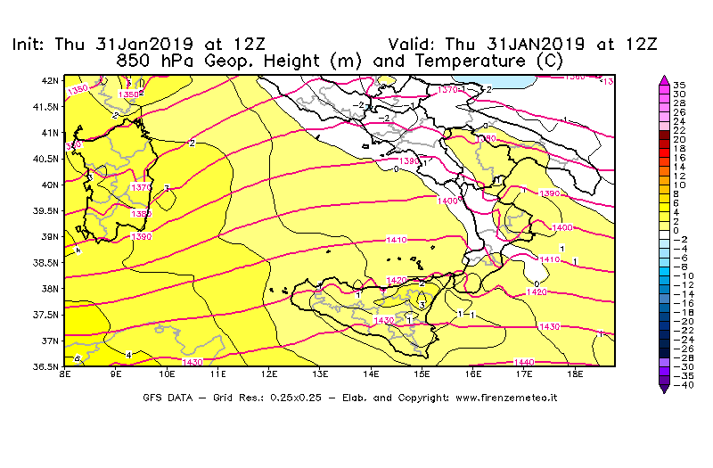 Mappa di analisi GFS - Geopotenziale [m] e Temperatura [°C] a 850 hPa in Sud-Italia
							del 31/01/2019 12 <!--googleoff: index-->UTC<!--googleon: index-->