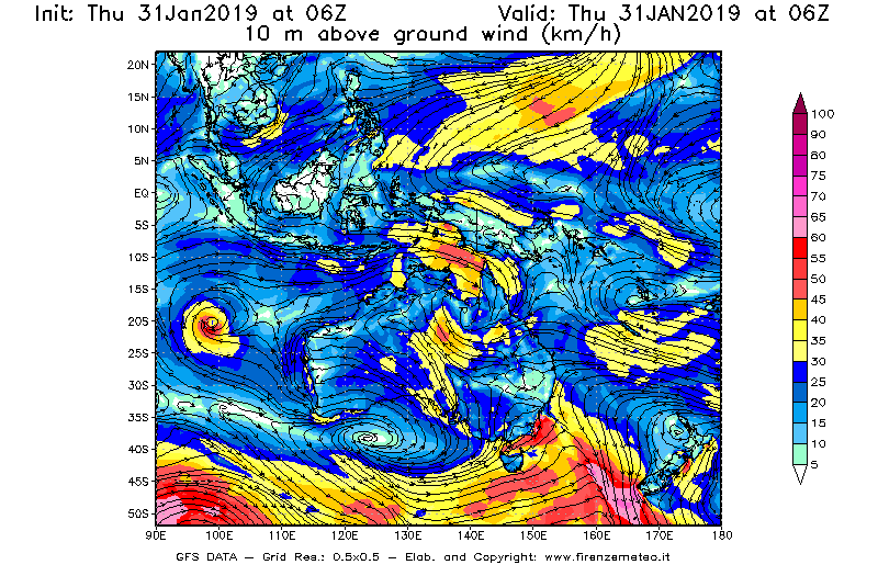 Mappa di analisi GFS - Velocità del vento a 10 metri dal suolo [km/h] in Oceania
							del 31/01/2019 06 <!--googleoff: index-->UTC<!--googleon: index-->
