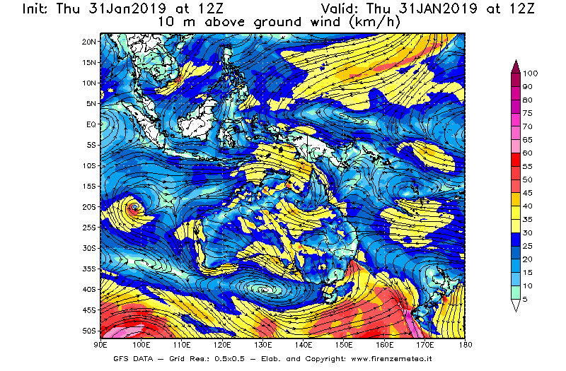 Mappa di analisi GFS - Velocità del vento a 10 metri dal suolo [km/h] in Oceania
							del 31/01/2019 12 <!--googleoff: index-->UTC<!--googleon: index-->