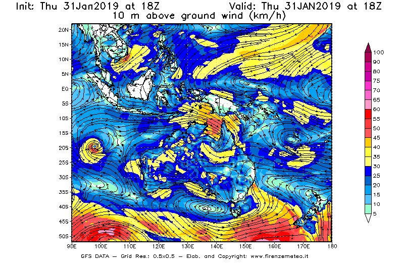 Mappa di analisi GFS - Velocità del vento a 10 metri dal suolo [km/h] in Oceania
							del 31/01/2019 18 <!--googleoff: index-->UTC<!--googleon: index-->