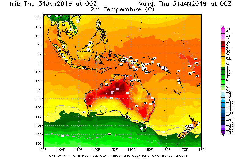 Mappa di analisi GFS - Temperatura a 2 metri dal suolo [°C] in Oceania
							del 31/01/2019 00 <!--googleoff: index-->UTC<!--googleon: index-->