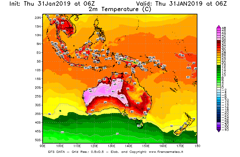 Mappa di analisi GFS - Temperatura a 2 metri dal suolo [°C] in Oceania
							del 31/01/2019 06 <!--googleoff: index-->UTC<!--googleon: index-->