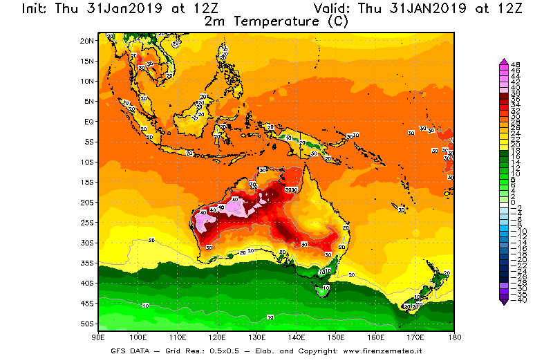 Mappa di analisi GFS - Temperatura a 2 metri dal suolo [°C] in Oceania
							del 31/01/2019 12 <!--googleoff: index-->UTC<!--googleon: index-->