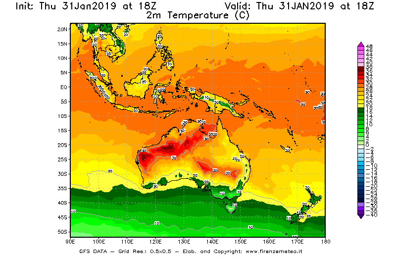 Mappa di analisi GFS - Temperatura a 2 metri dal suolo [°C] in Oceania
							del 31/01/2019 18 <!--googleoff: index-->UTC<!--googleon: index-->