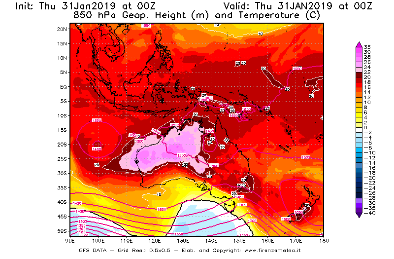 Mappa di analisi GFS - Geopotenziale [m] e Temperatura [°C] a 850 hPa in Oceania
							del 31/01/2019 00 <!--googleoff: index-->UTC<!--googleon: index-->