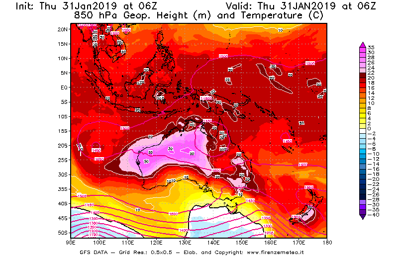 Mappa di analisi GFS - Geopotenziale [m] e Temperatura [°C] a 850 hPa in Oceania
							del 31/01/2019 06 <!--googleoff: index-->UTC<!--googleon: index-->