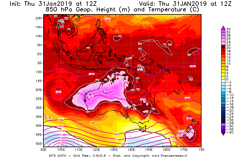 Mappa di analisi GFS - Geopotenziale [m] e Temperatura [°C] a 850 hPa in Oceania
							del 31/01/2019 12 <!--googleoff: index-->UTC<!--googleon: index-->