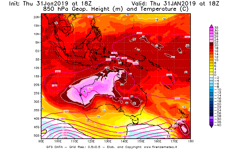 Mappa di analisi GFS - Geopotenziale [m] e Temperatura [°C] a 850 hPa in Oceania
							del 31/01/2019 18 <!--googleoff: index-->UTC<!--googleon: index-->